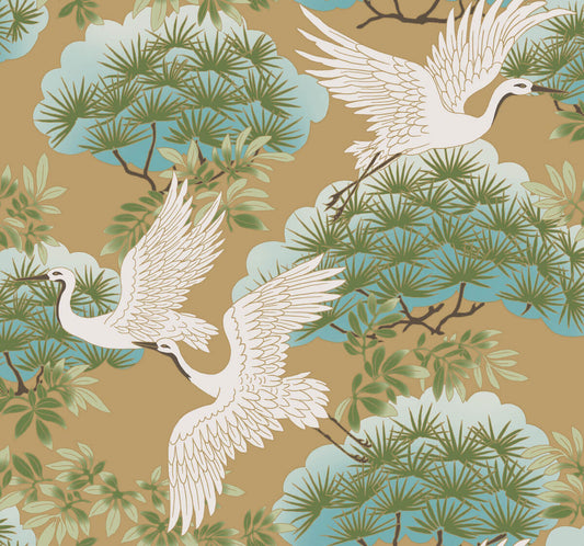 Ronald Redding Tea Garden Sprig & Heron Wallpaper - Gold
