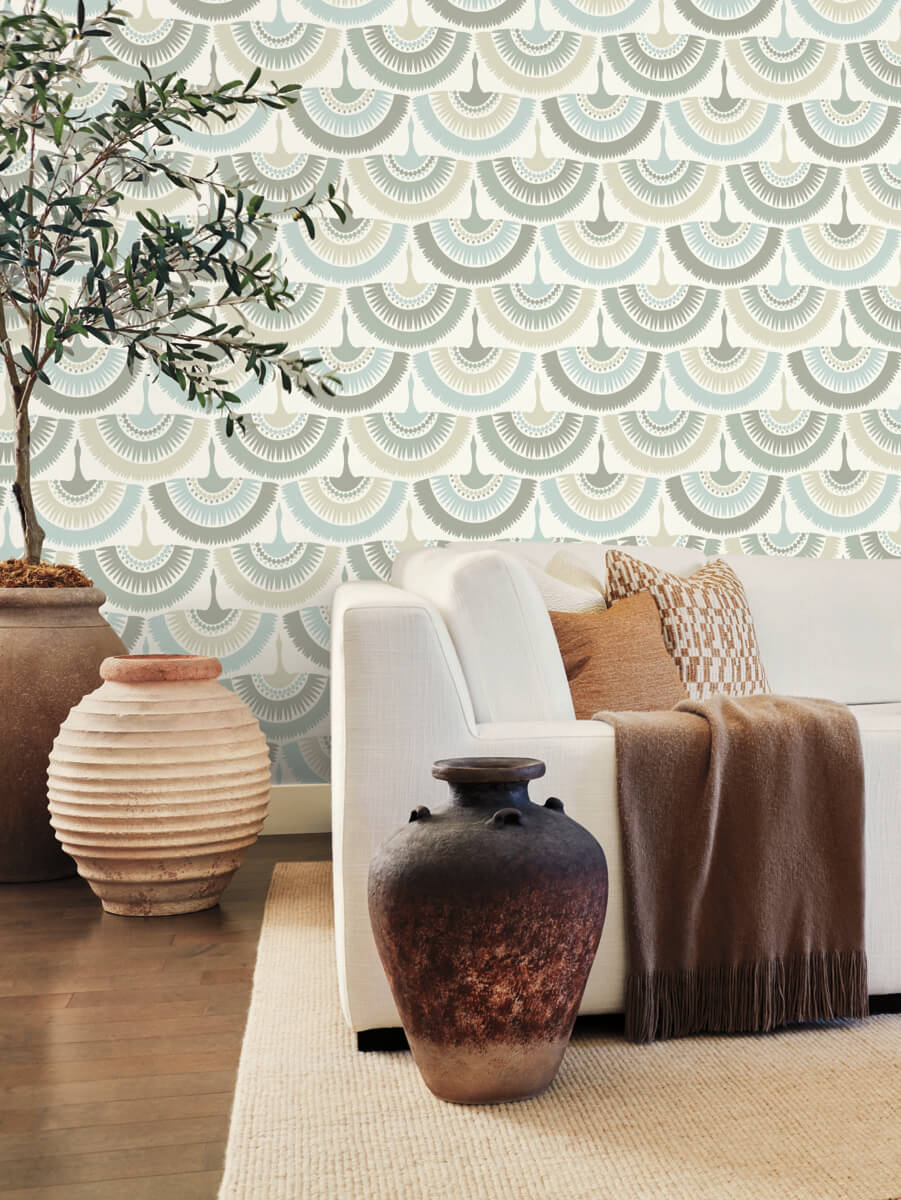 Antonina Vella Bohemian Luxe Feather & Fringe Wallpaper Cream - Blue