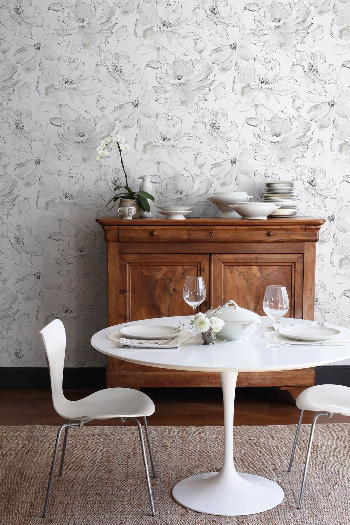 York Impressionist Floral Dreams Wallpaper Sample - Gray & White