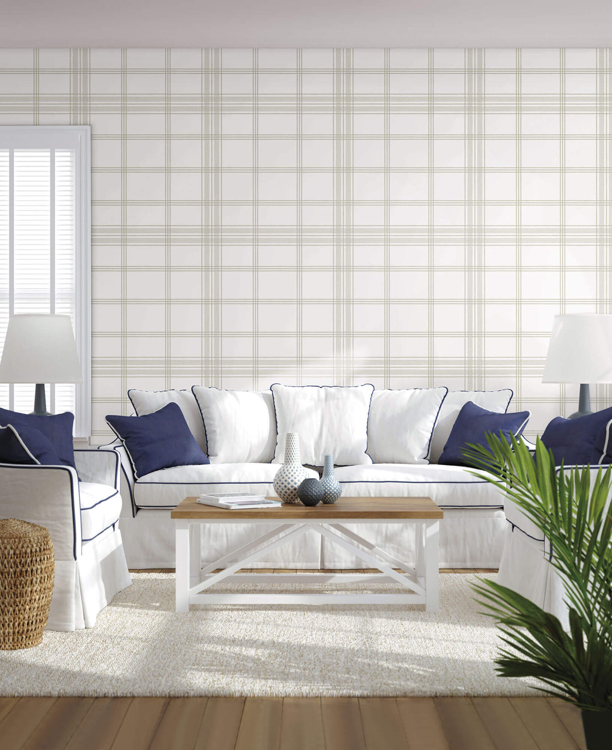 York Waters Edge Charter Plaid Wallpaper Sample - Off White