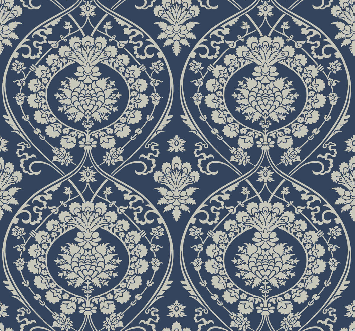 York Damask Imperial Damask Wallpaper - Navy & Silver