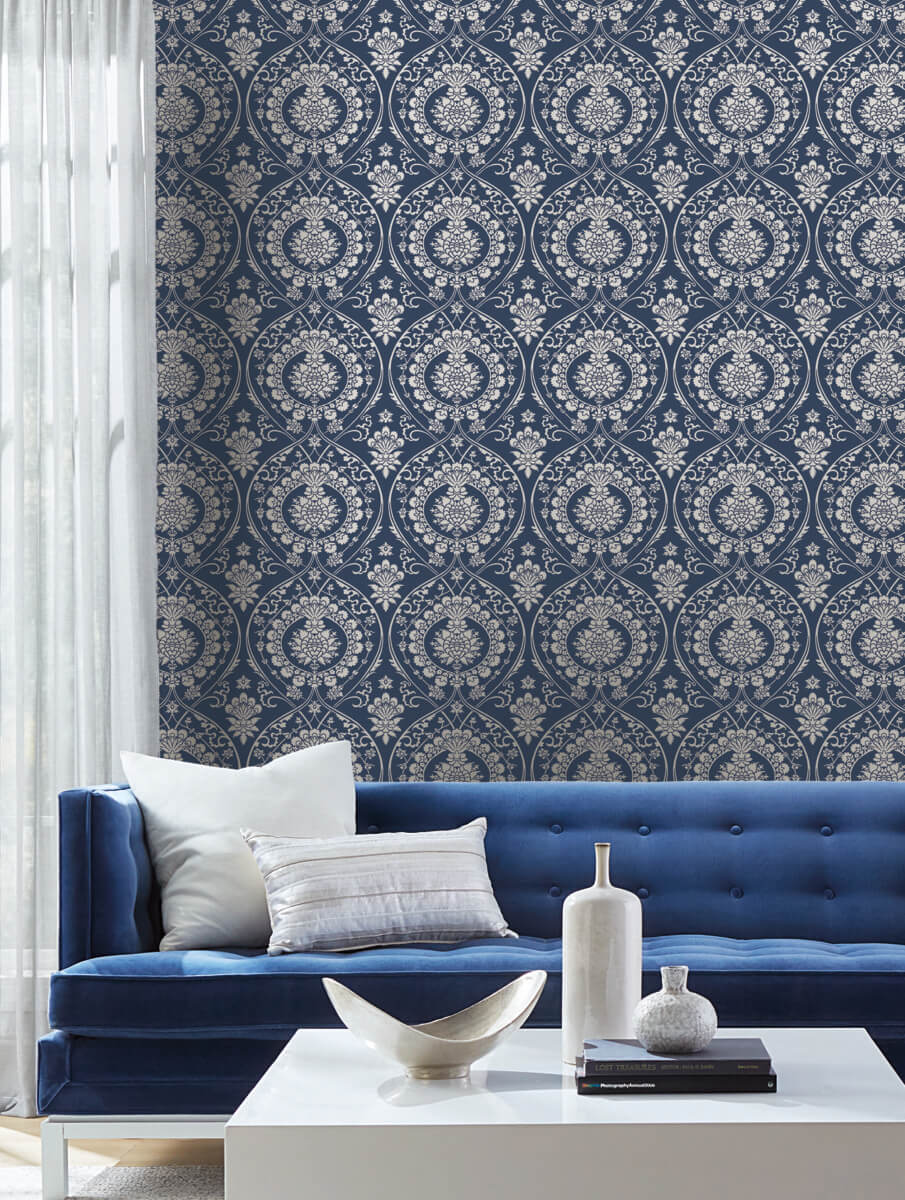 York Damask Imperial Damask Wallpaper - Navy & Silver