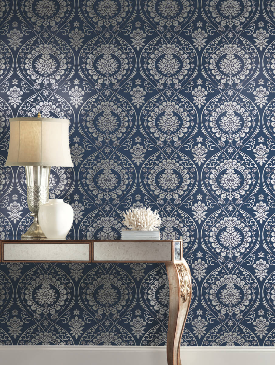 York Damask Imperial Damask Wallpaper - Navy & Silver