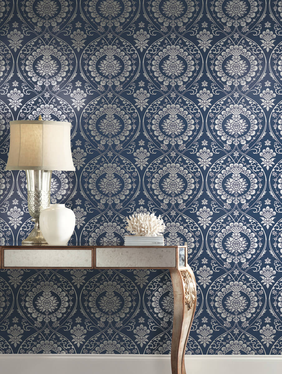 Damask Resource Library Imperial Damask Wallpaper - Navy & Silver