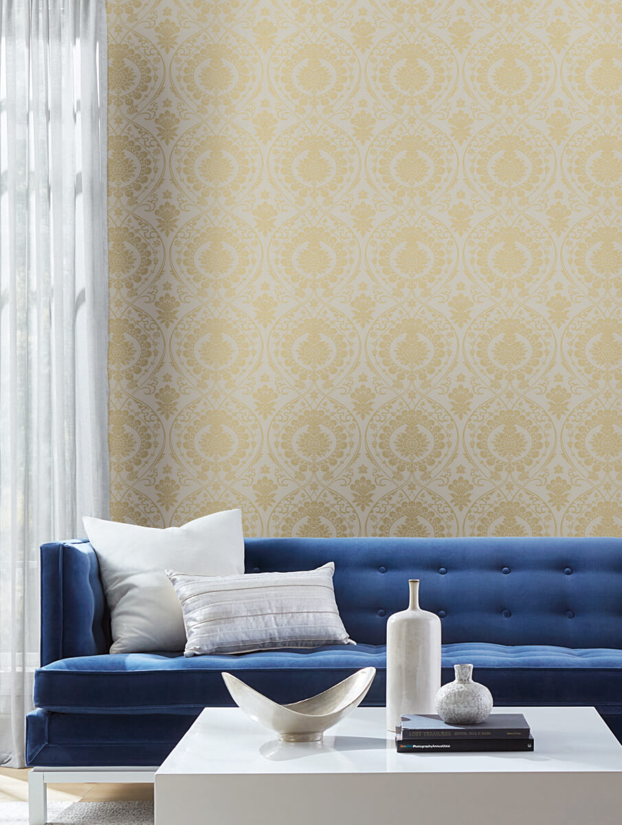 York Damask Imperial Damask Wallpaper - Off White & Gold