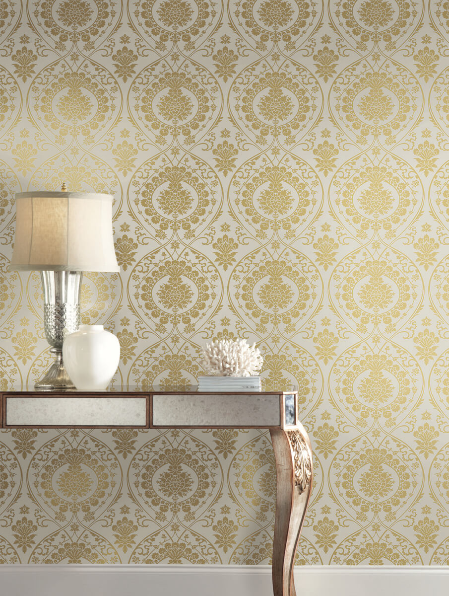 York Damask Imperial Damask Wallpaper - Off White & Gold