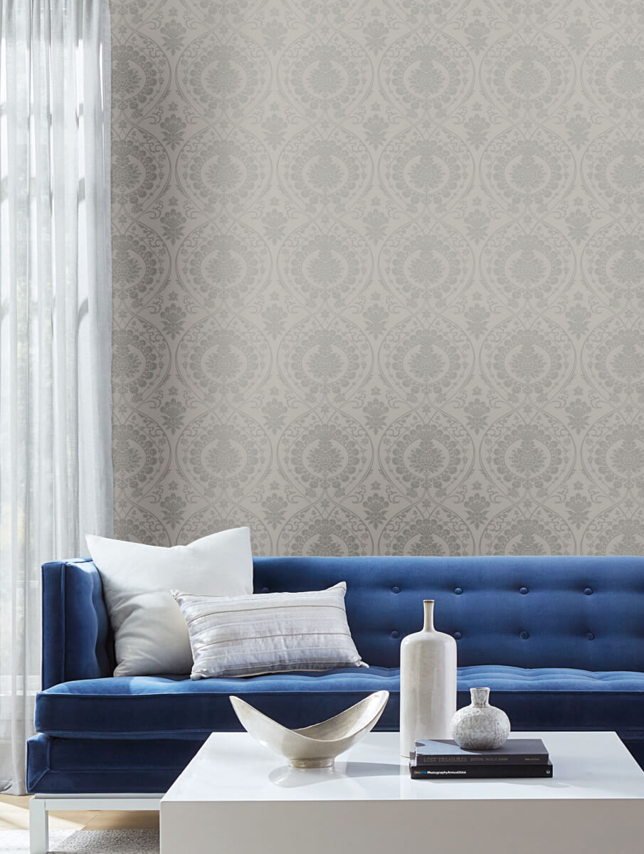 York Damask Imperial Damask Wallpaper - Gray & Silver