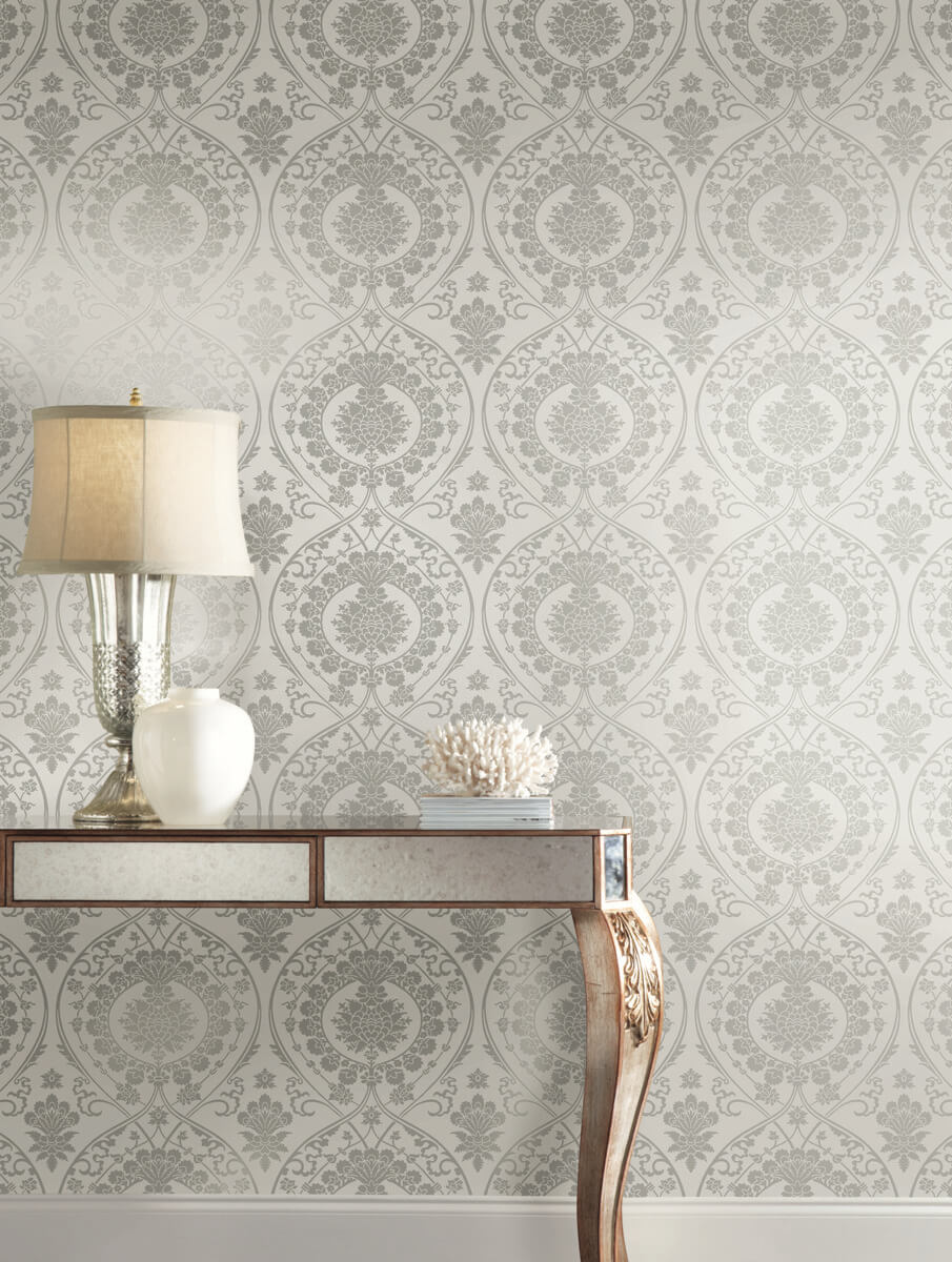 York Damask Imperial Damask Wallpaper - Gray & Silver