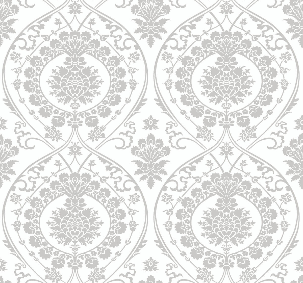 York Damask Imperial Damask Wallpaper - White & Silver