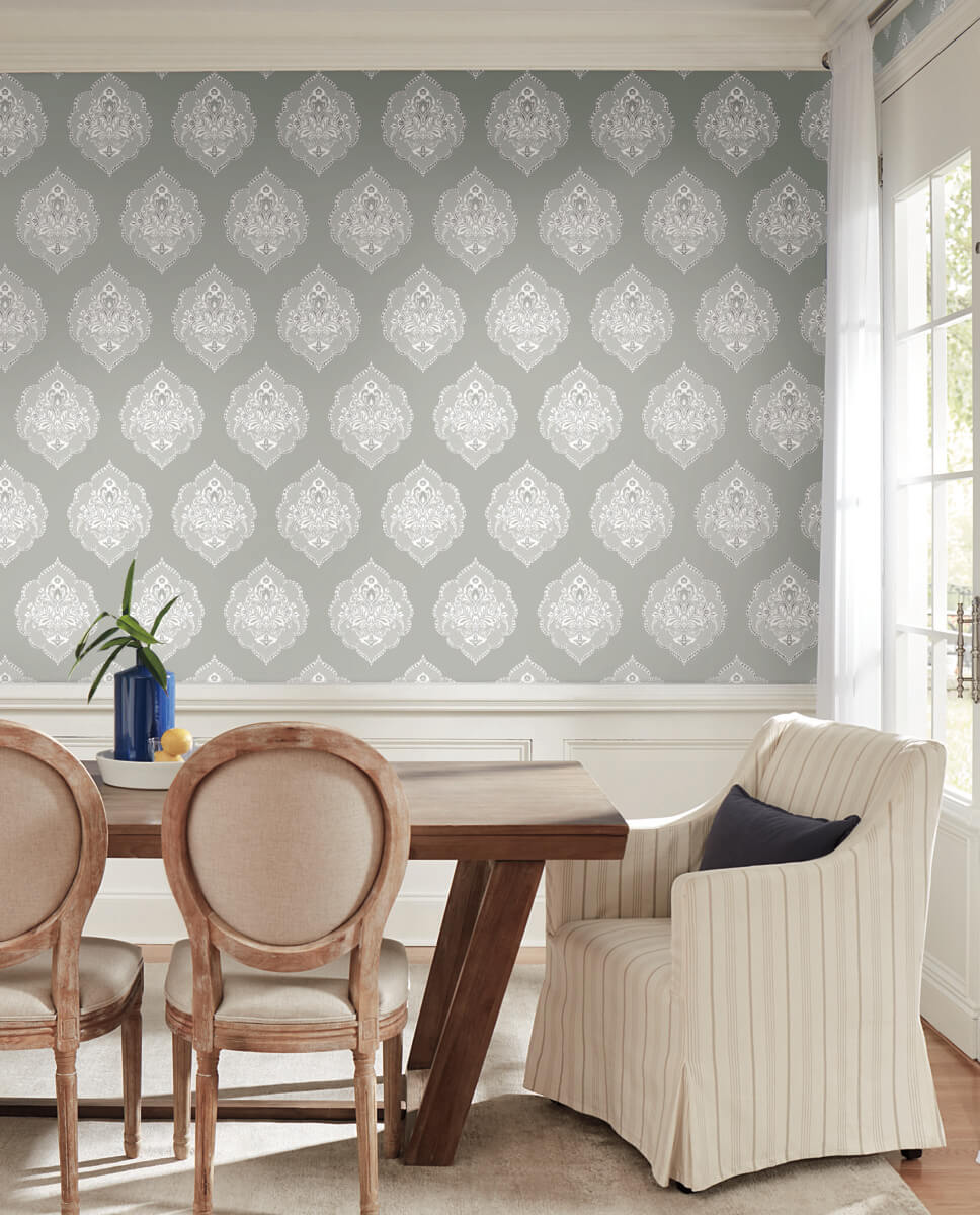 York Damask Signet Medallion Wallpaper - Gray