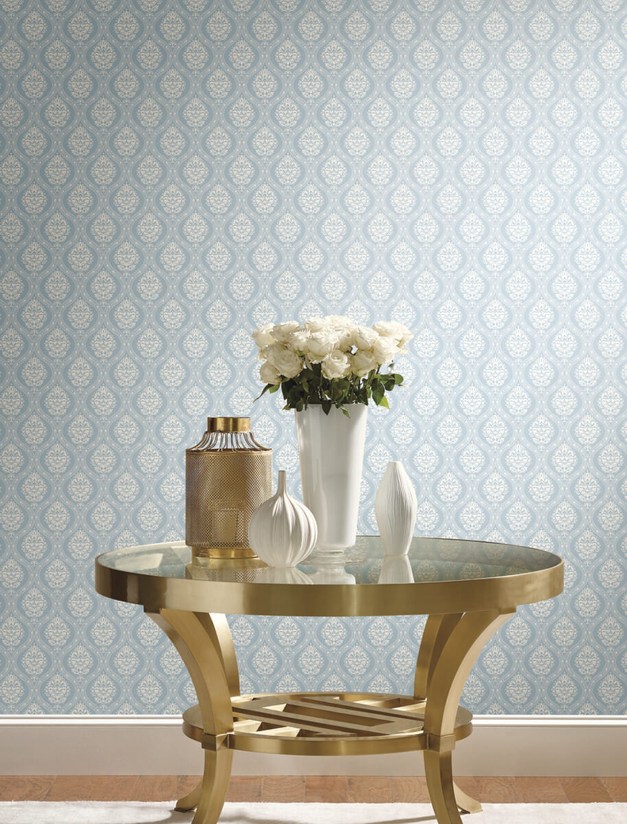 York Damask Petite Ogee Wallpaper Sample - Light Blue