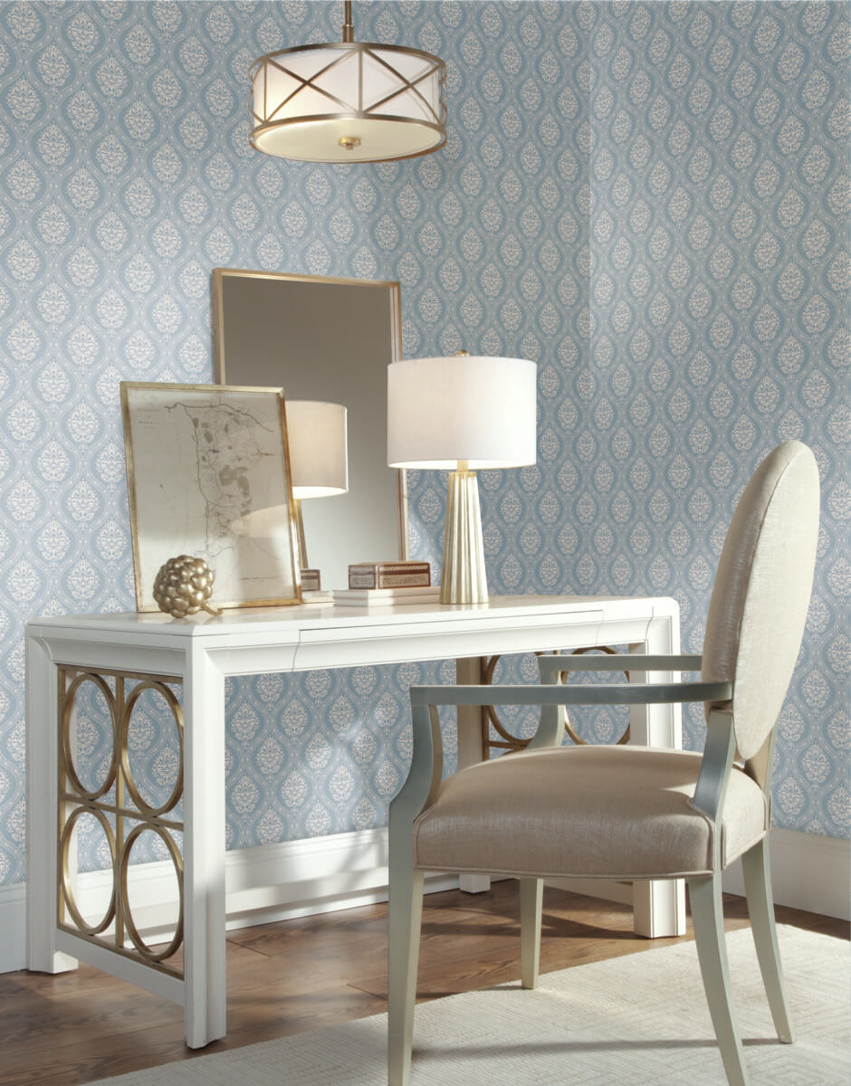 York Damask Petite Ogee Wallpaper Sample - Light Blue