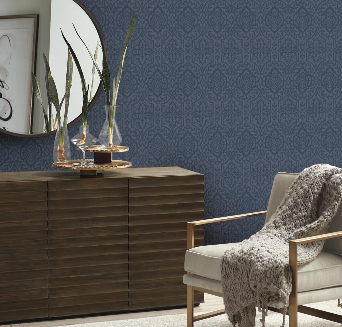 York Damask Cathedral Damask Wallpaper - Blue