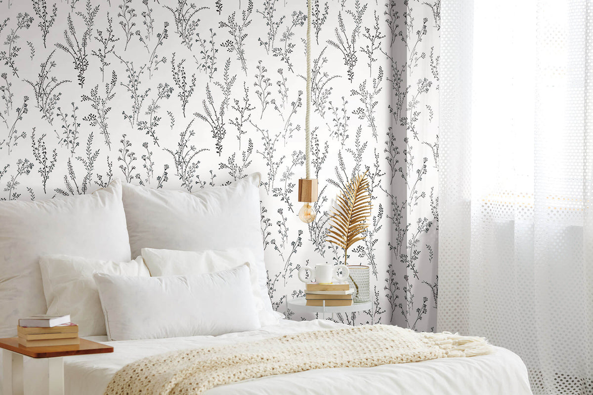 York Simply Farmhouse Wildflower Sprigs Wallpaper Sample - Black & White