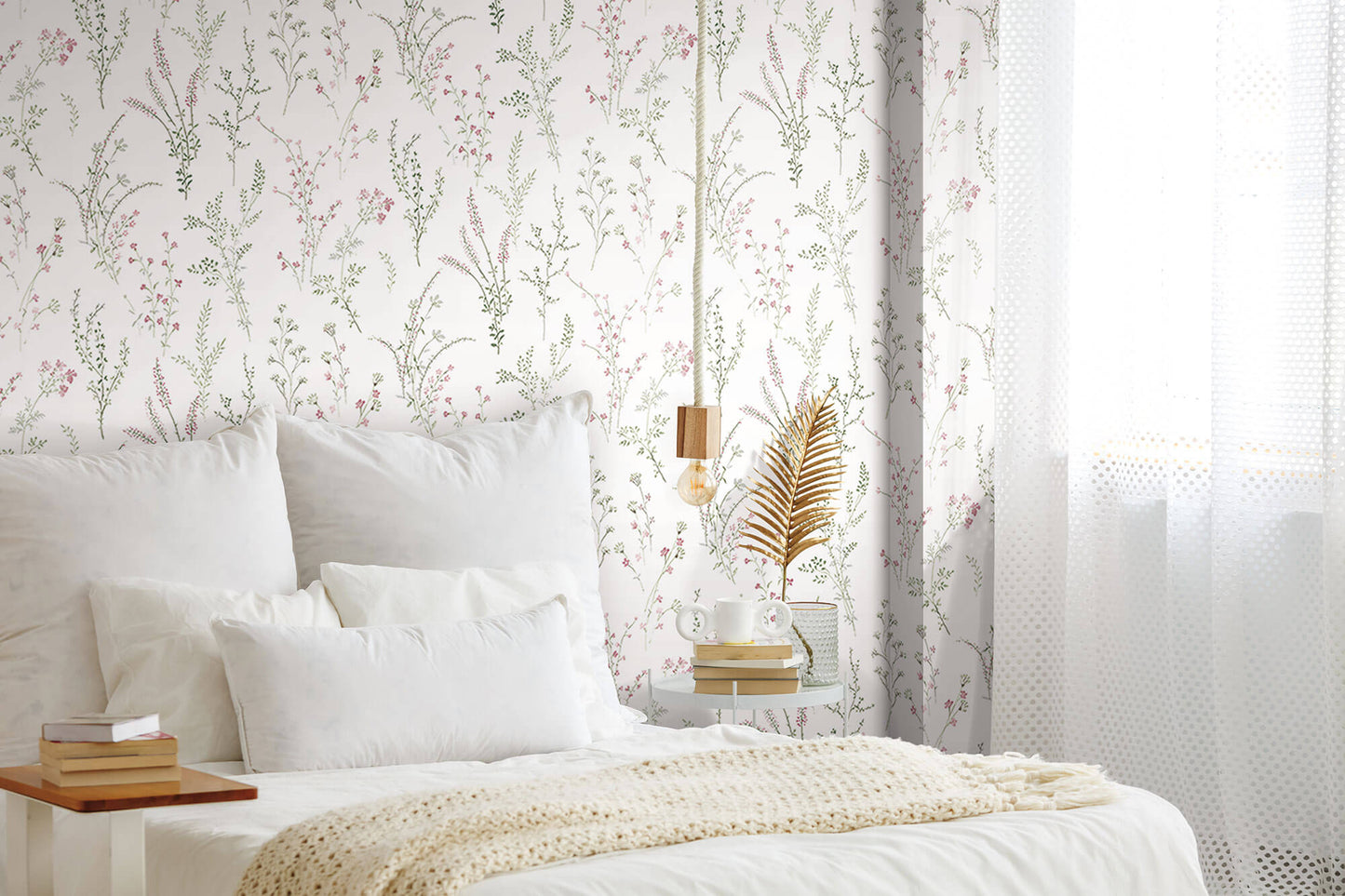 York Simply Farmhouse Wildflower Sprigs Wallpaper Sample - Pink & Green