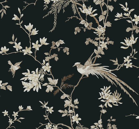 Ronald Redding 24 Karat Bird & Blossom Chinoiserie Wallpaper - Black