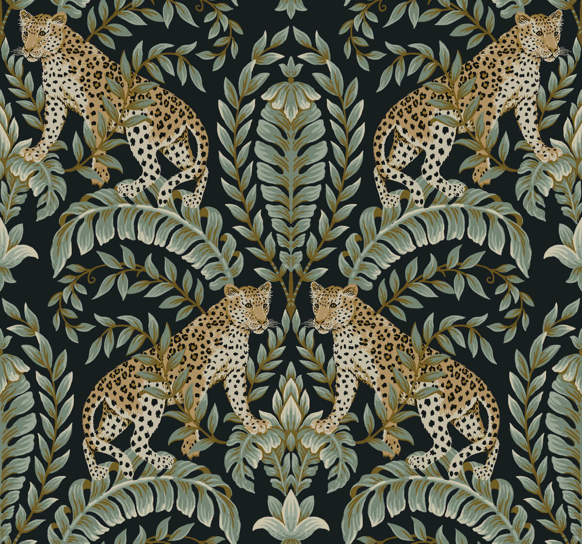 Ronald Redding 24 Karat Jungle Leopard Wallpaper - Black & Green