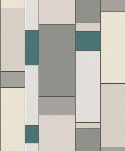 Seabrook Mondrian De Stijl Wallpaper - Teal & Gray