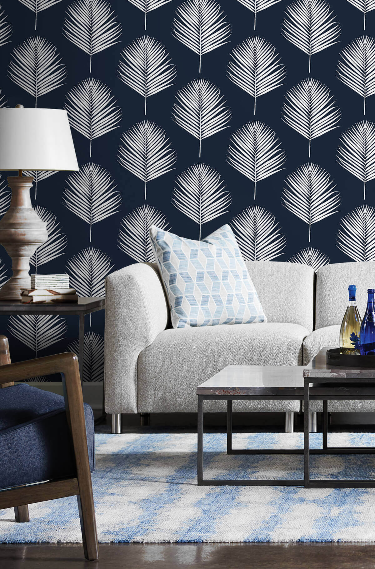 Lillian August Maui Palm Peel & Stick Wallpaper - Midnight Blue & White