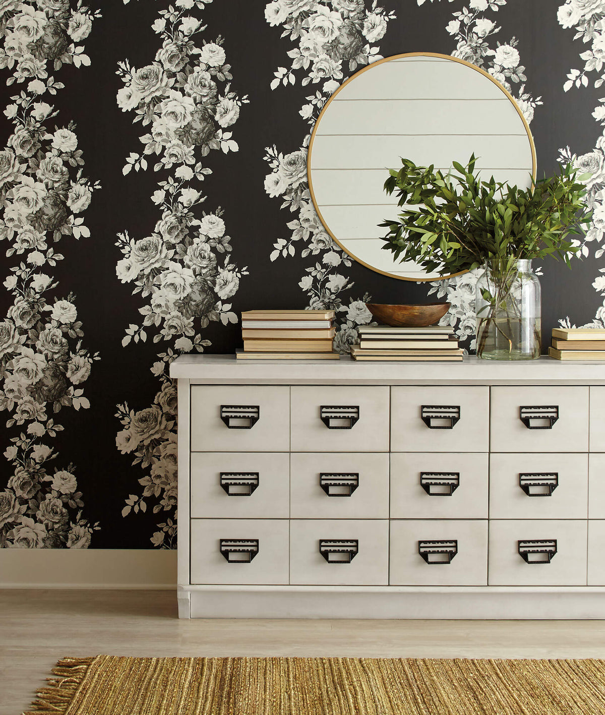 ME1533 Magnolia Home Tea Rose Wallpaper White on Black