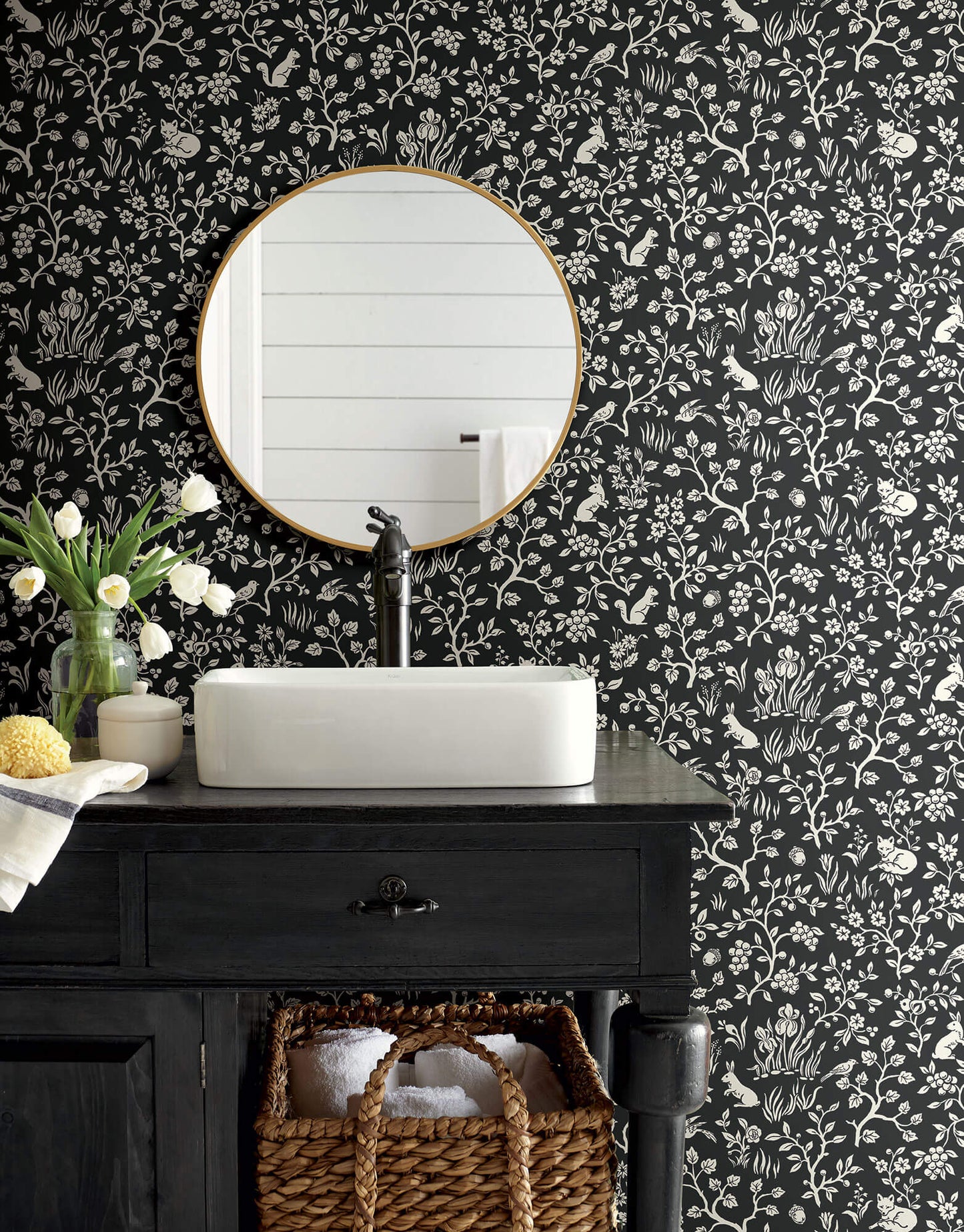 ME1570 Magnolia Home Fox & Hare Bathroom Wallpaper Black White