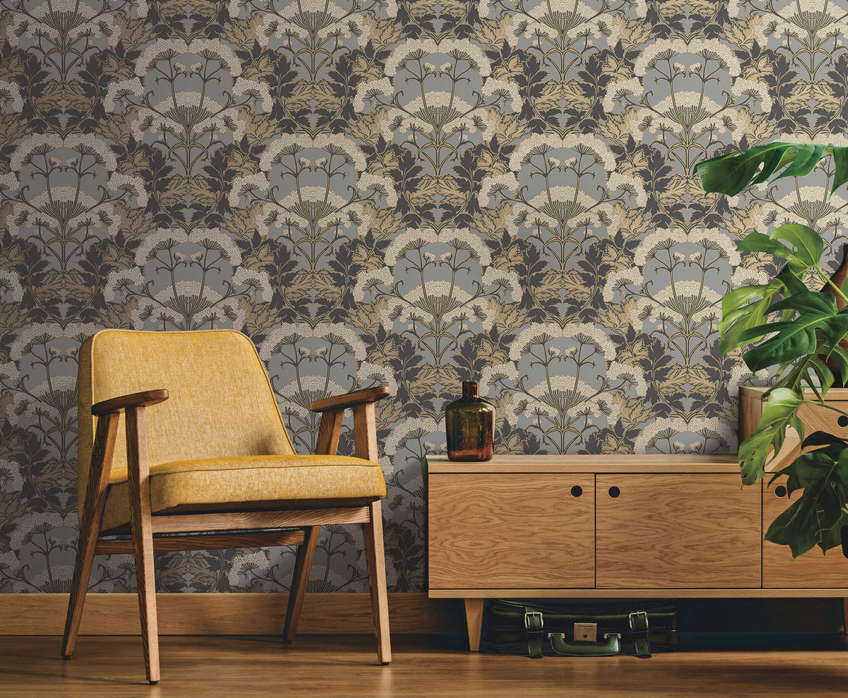 York Modern Heritage Yarrow Nouveau Wallpaper Sample - Charcoal & Gold
