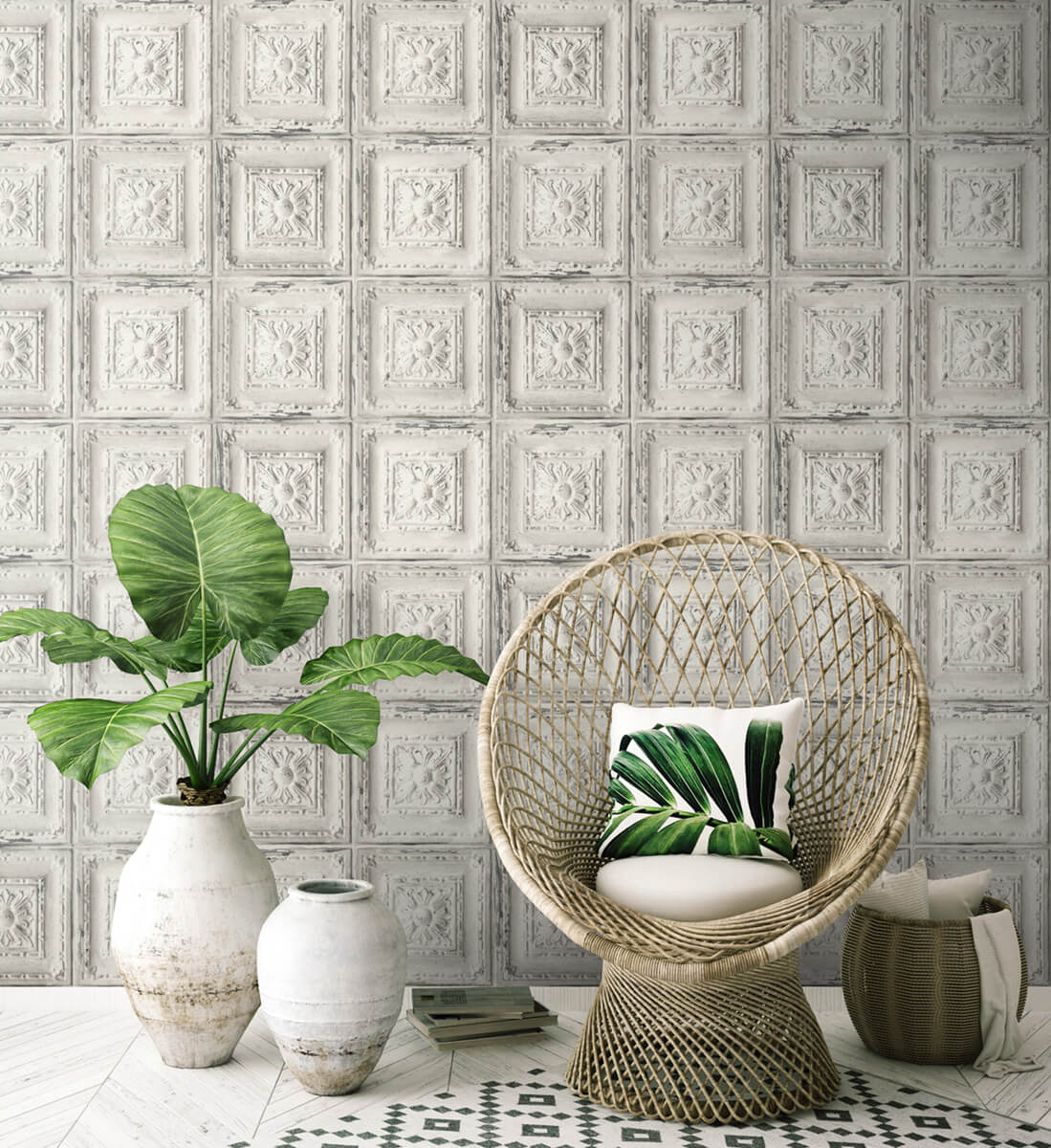 NextWall Distressed Tin Tile Peel & Stick Wallpaper - White