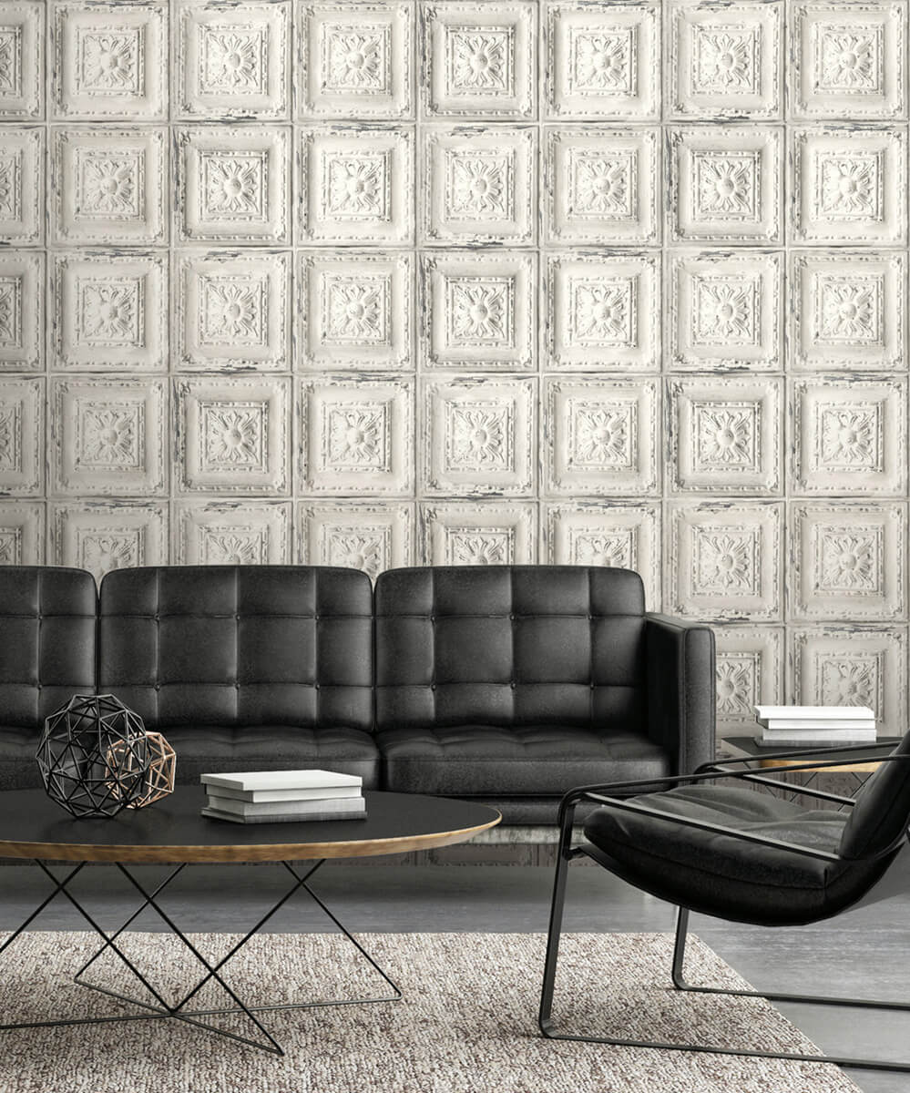 NextWall Distressed Tin Tile Peel & Stick Wallpaper - White