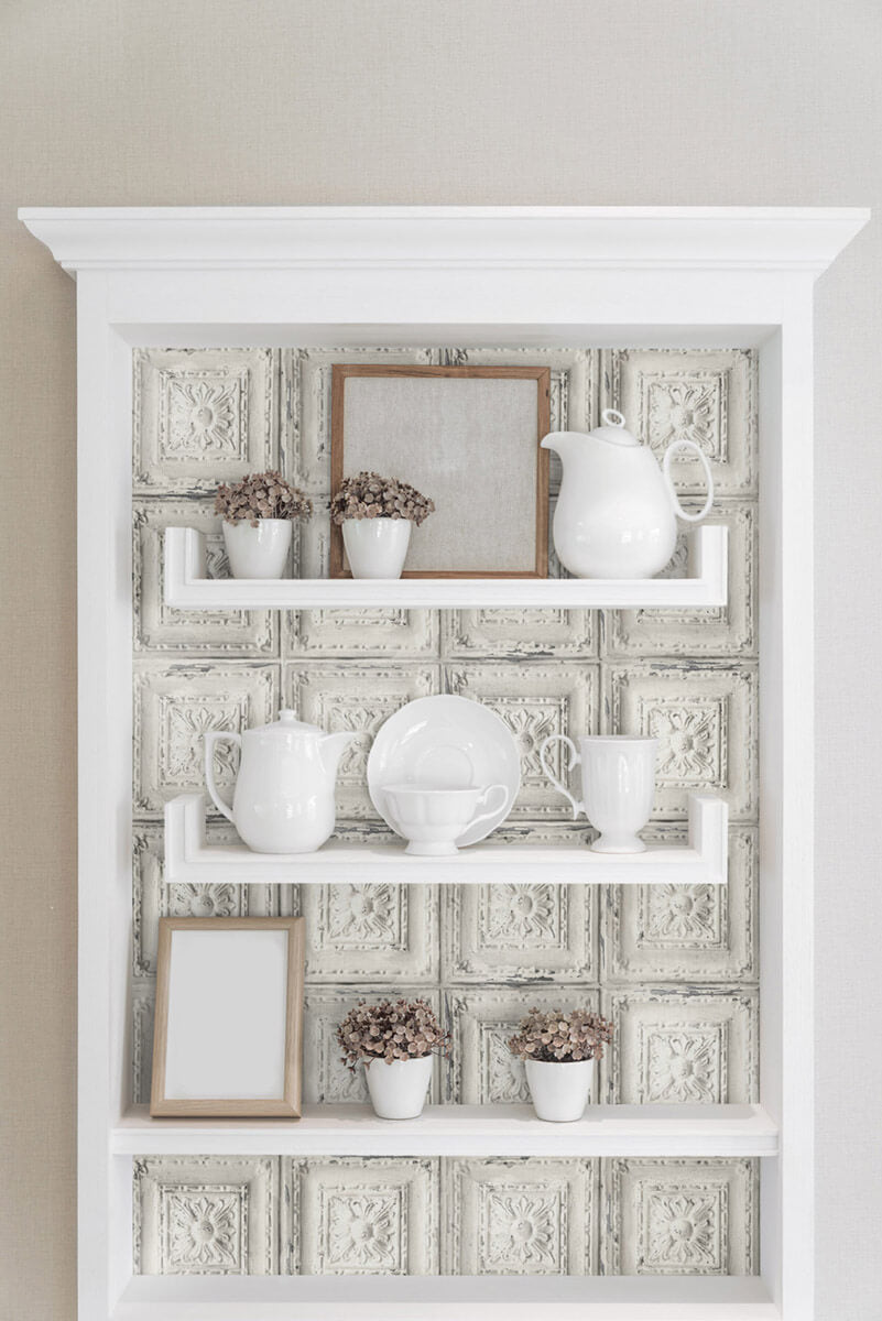NextWall Distressed Tin Tile Peel & Stick Wallpaper - White