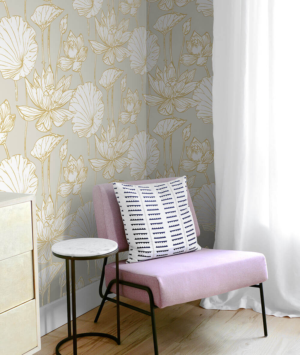 NextWall Lotus Floral Peel & Stick Wallpaper Sample - Gray & Gold