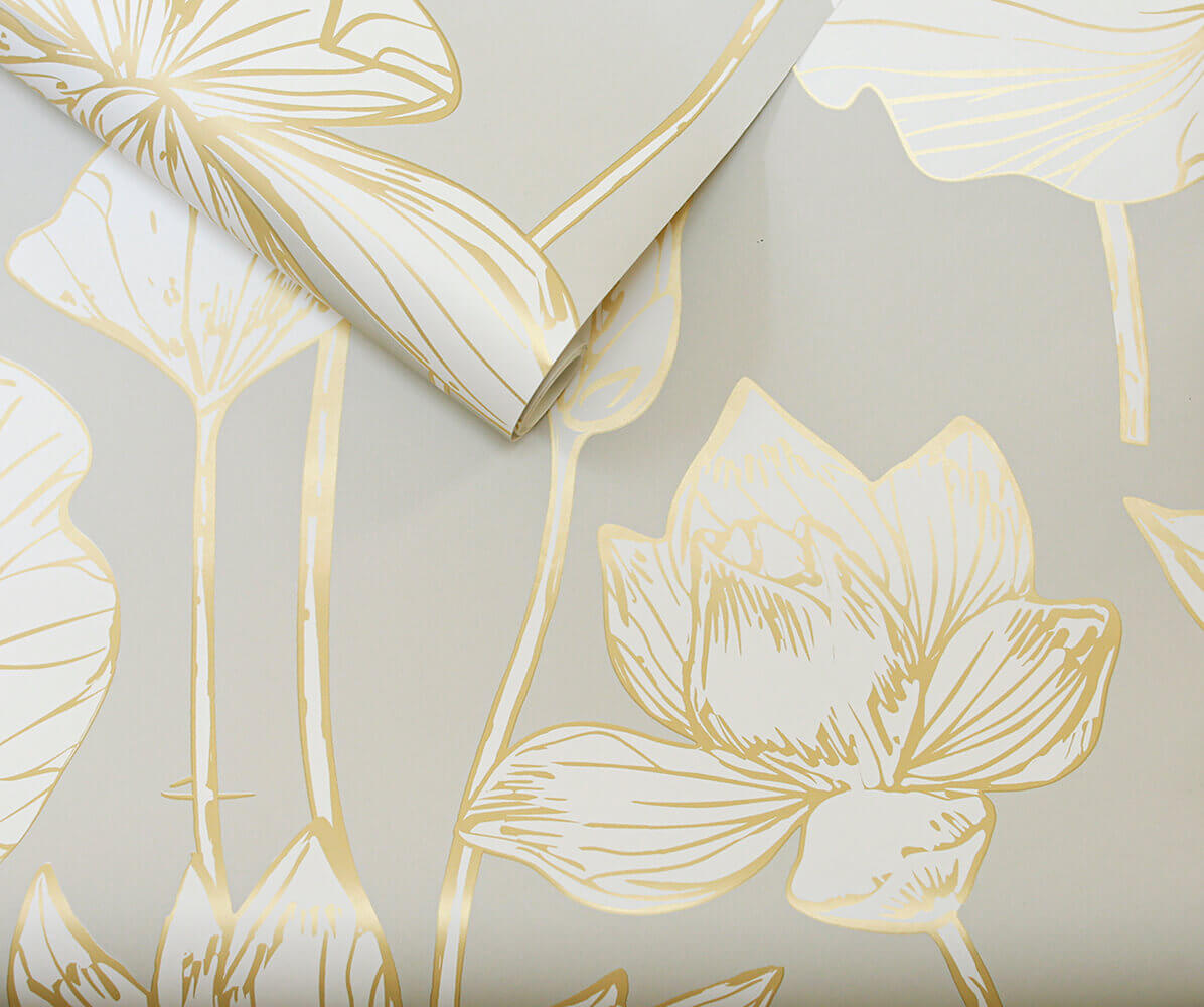 NextWall Lotus Floral Peel & Stick Wallpaper - Gray & Gold