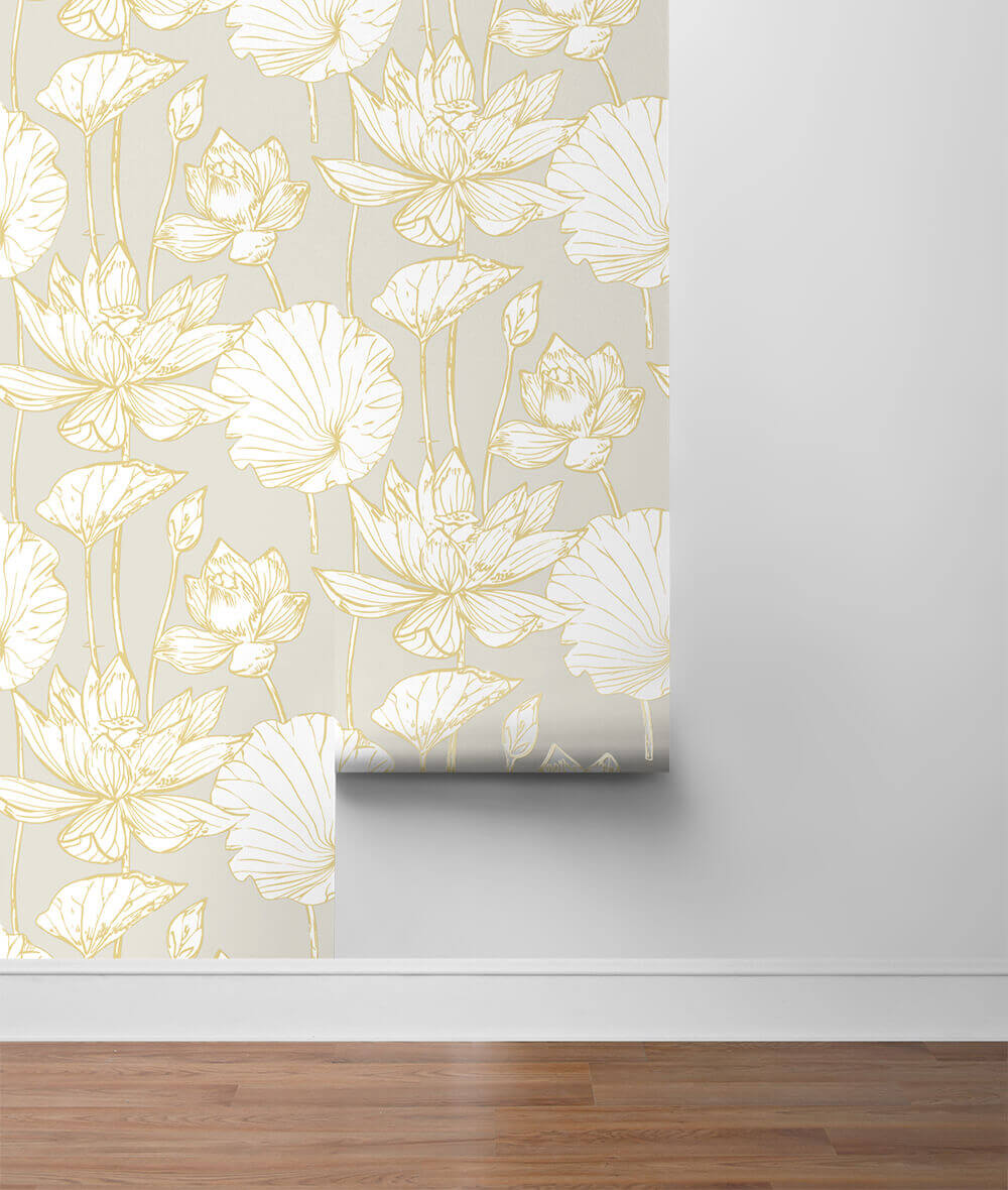 NextWall Lotus Floral Peel & Stick Wallpaper Sample - Gray & Gold