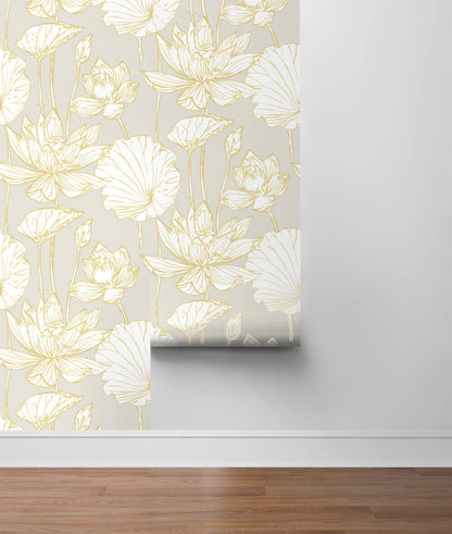 NextWall Lotus Floral Peel & Stick Wallpaper - Gray & Gold