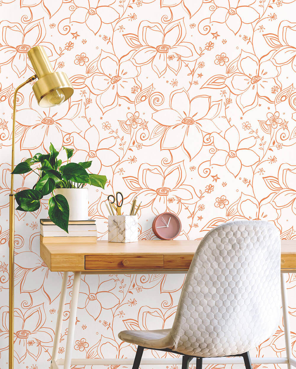 NextWall Linework Floral Peel & Stick Wallpaper Sample - Orange