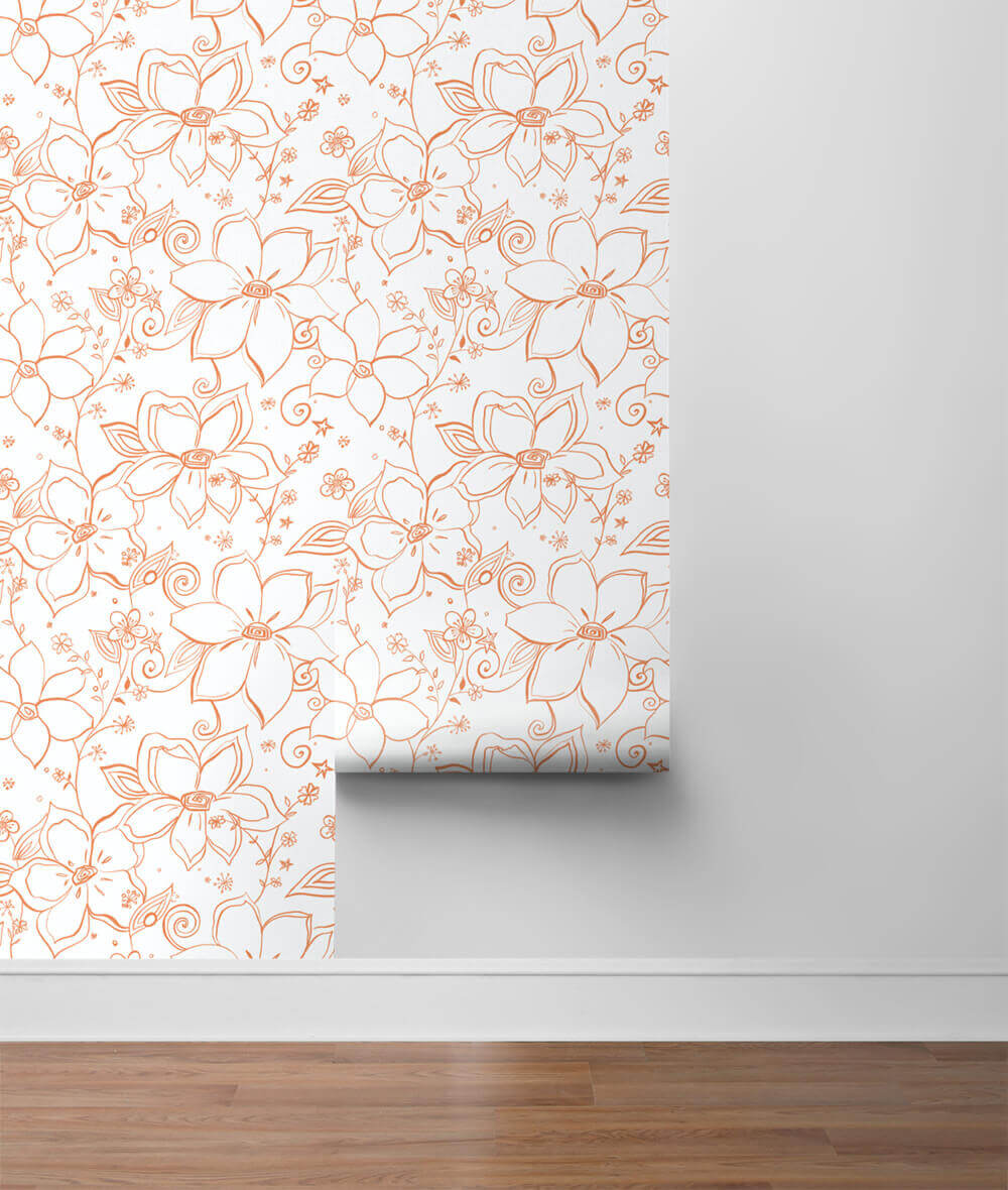 NextWall Linework Floral Peel & Stick Wallpaper Sample - Orange