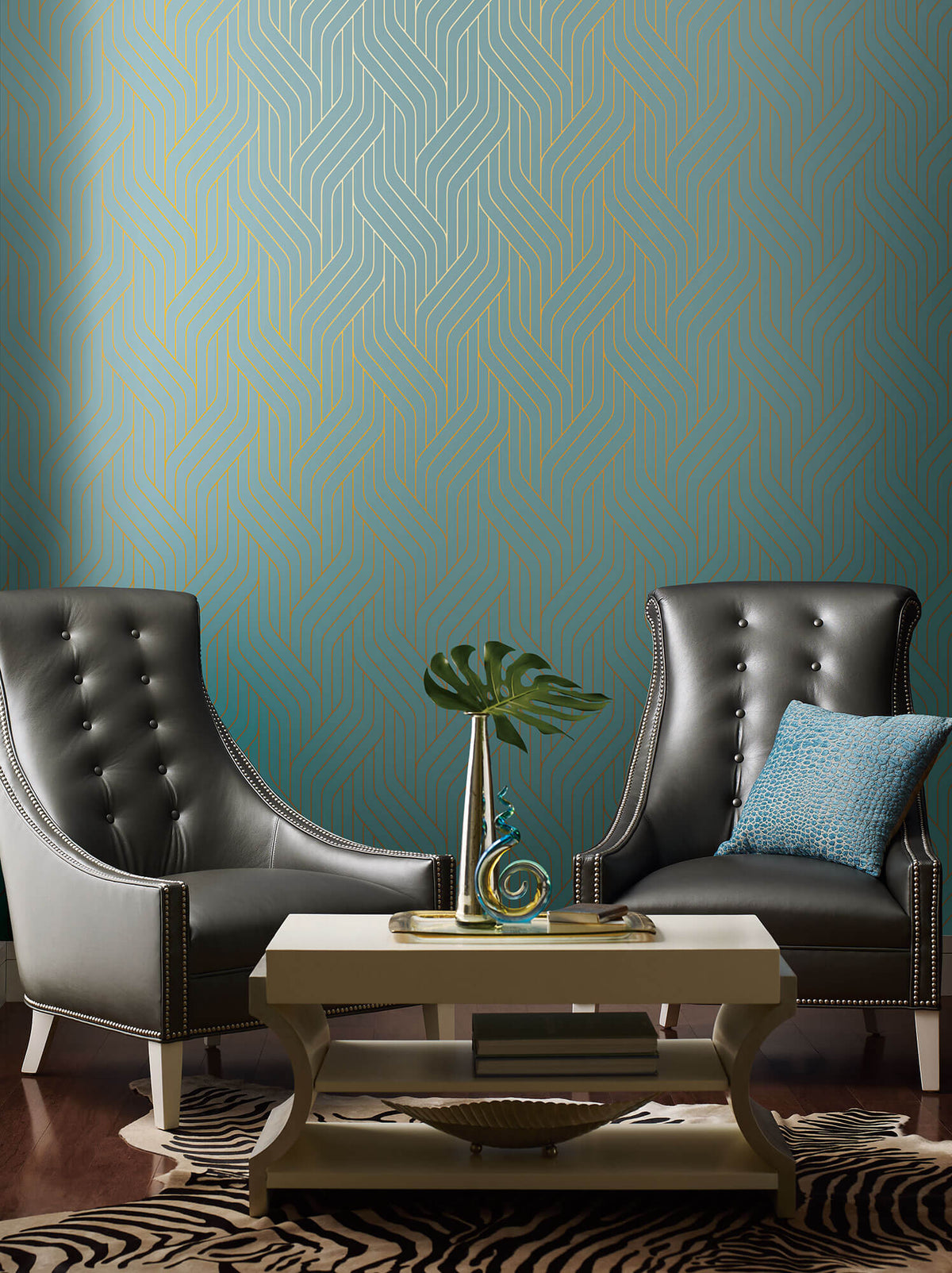 NW3520 Antonina Vella Modern Metals Ebb And Flow Wallpaper Blue Gold