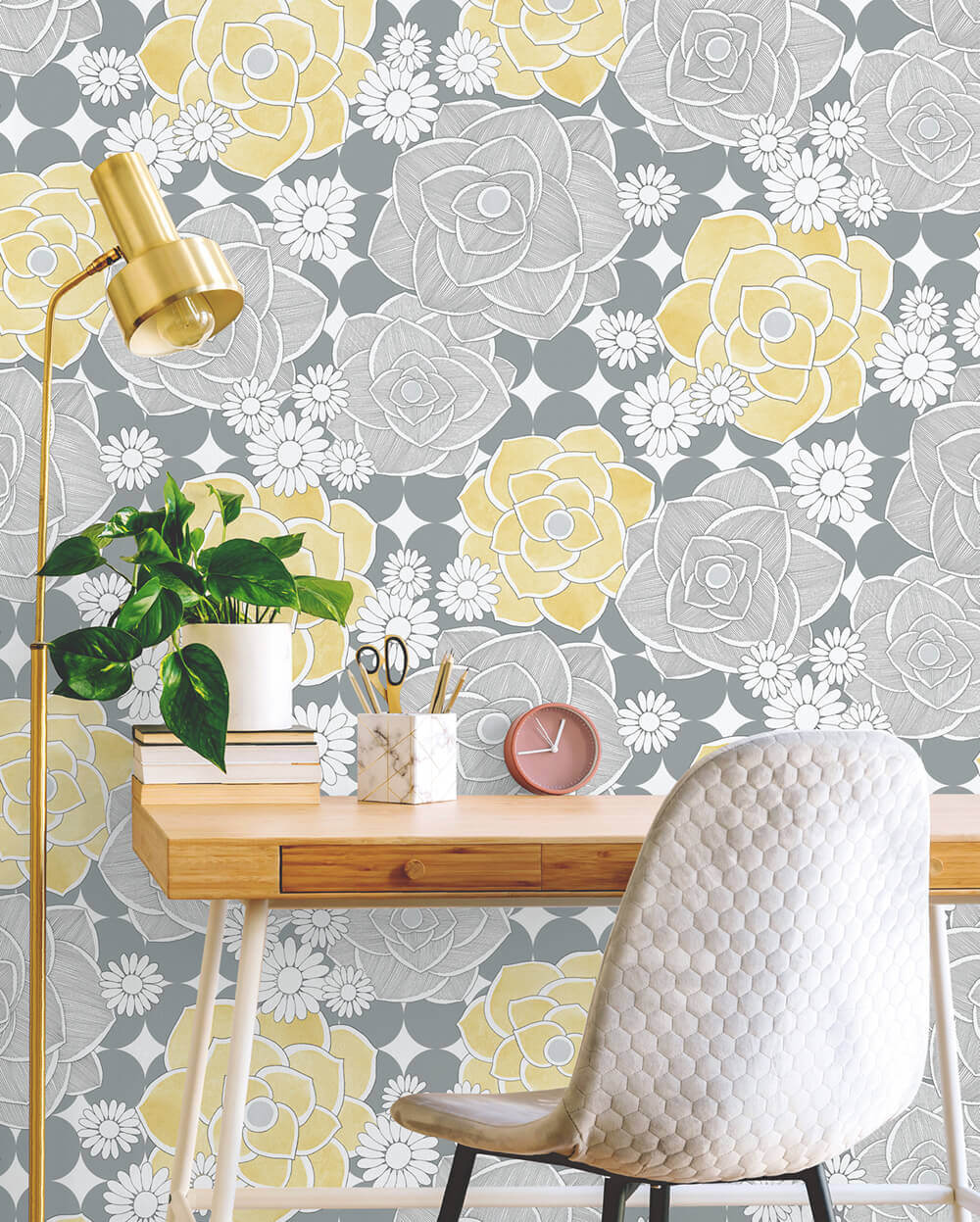 NextWall Retro Floral Peel & Stick Wallpaper - Yellow & Gray