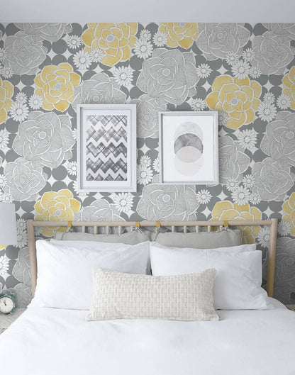 NextWall Retro Floral Peel & Stick Wallpaper - Yellow & Gray