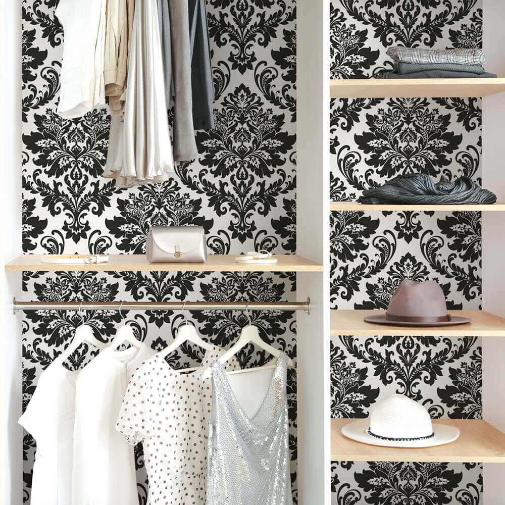 NextWall Damask Peel & Stick Wallpaper - Black & White