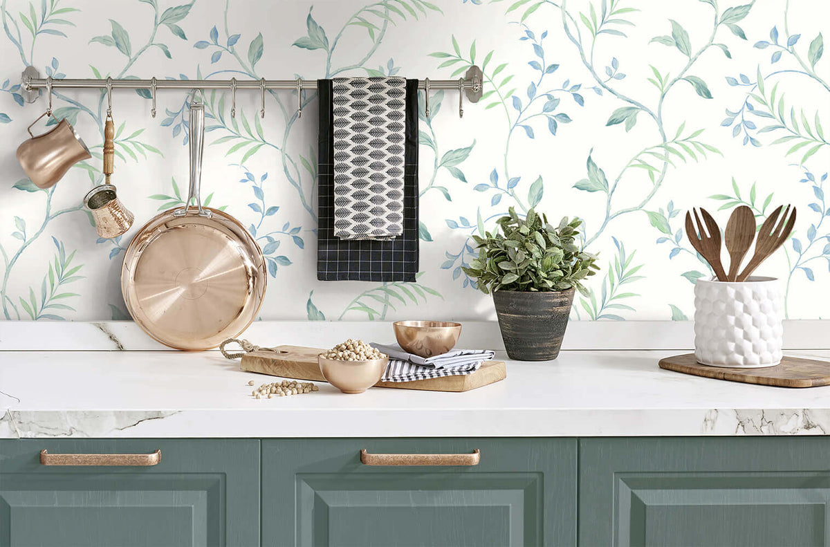 NextWall Watercolor Leaf Trail Peel & Stick Wallpaper Sample - Blue