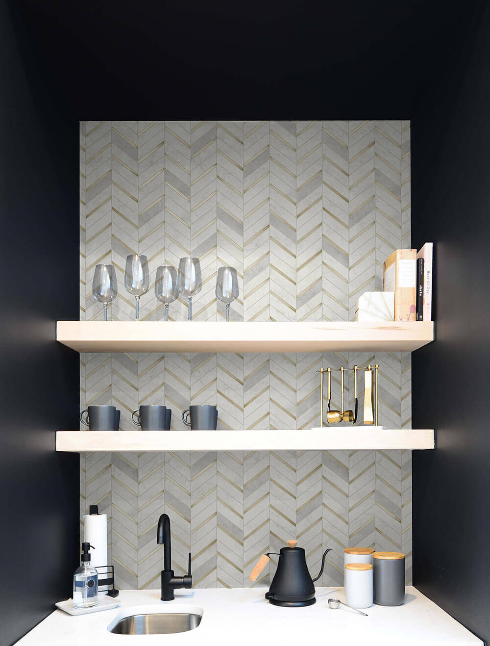 NextWall Chevron Marble Tile Peel & Stick Wallpaper - Gold