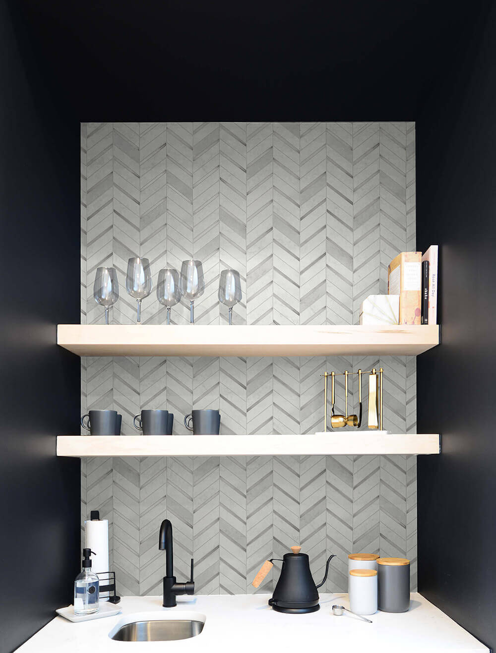 NextWall Chevron Marble Tile Peel & Stick Wallpaper - Silver