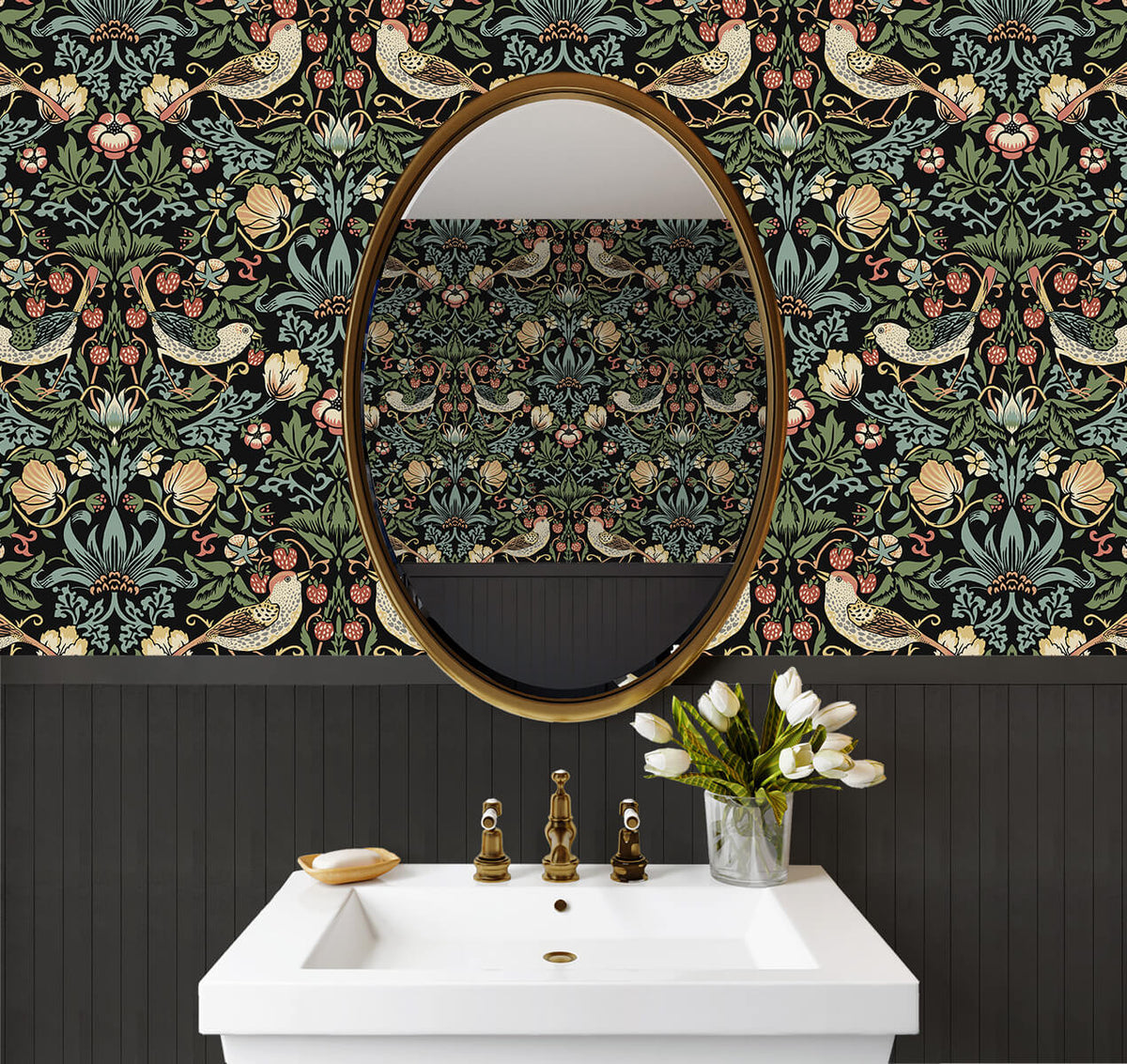 Seabrook Fragaria Garden Wallpaper Sample - Ebony