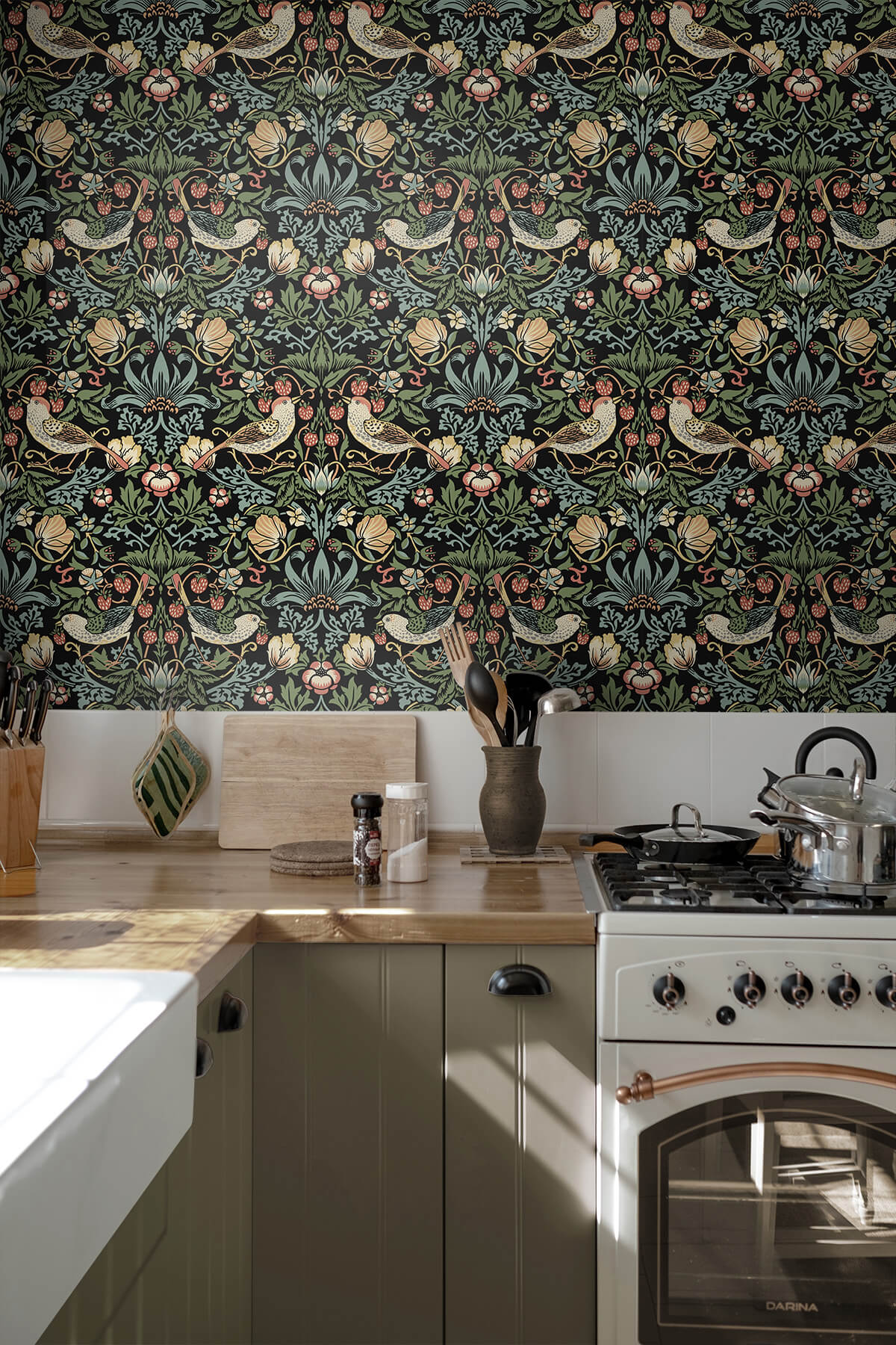 Seabrook Fragaria Garden Wallpaper Sample - Ebony