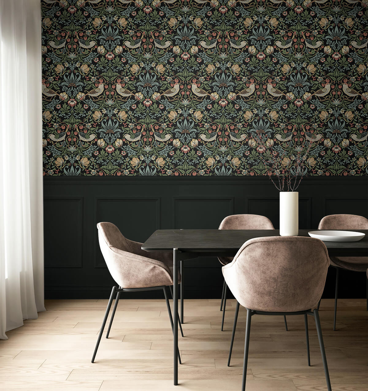 Seabrook Fragaria Garden Wallpaper Sample - Ebony