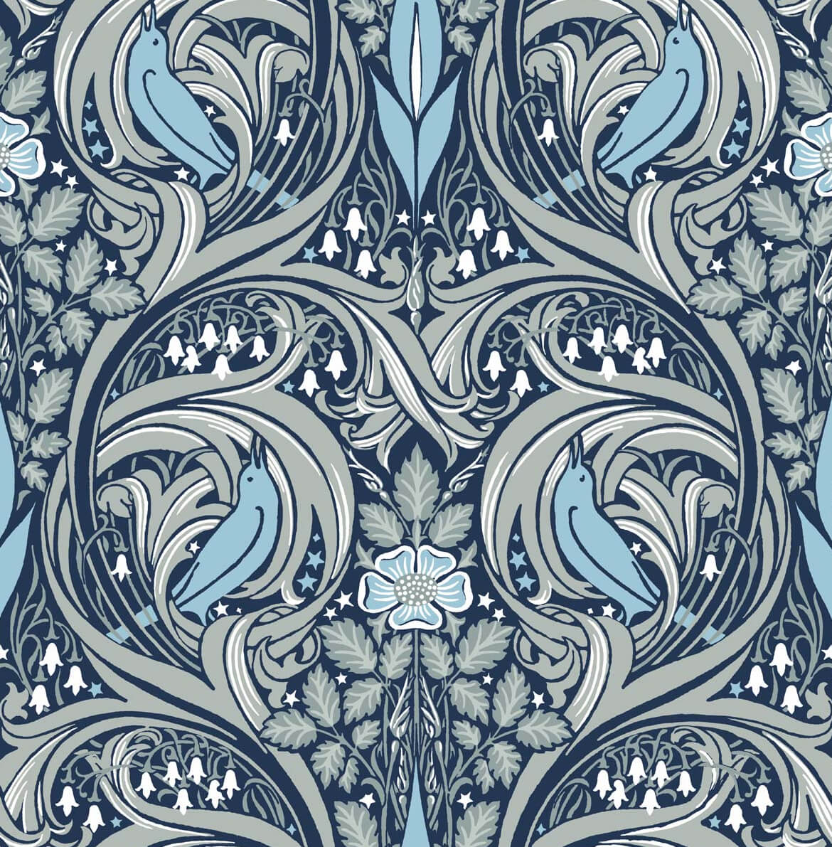 Seabrook Bird Ogee Wallpaper Sample - Navy & Sky Blue