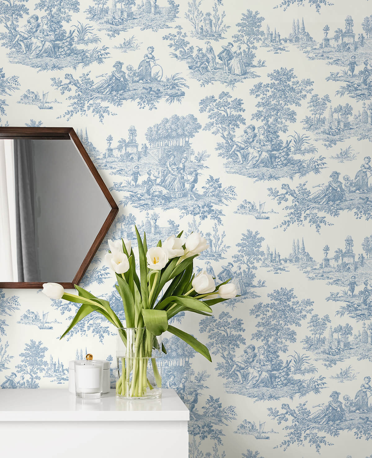 Seabrook Chateau Toile Wallpaper Sample - Blue Bell