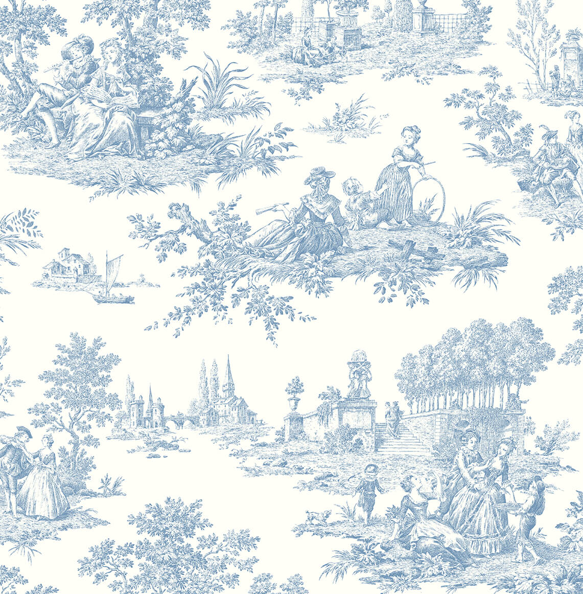 Seabrook Chateau Toile Wallpaper Sample - Blue Bell