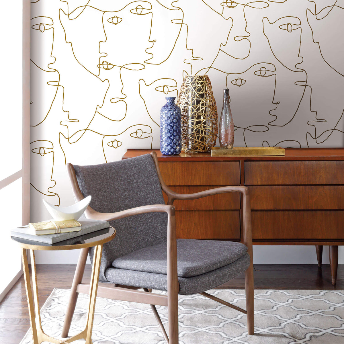 York Pablo Portraits Peel & Stick Wallpaper Sample - Gold & White