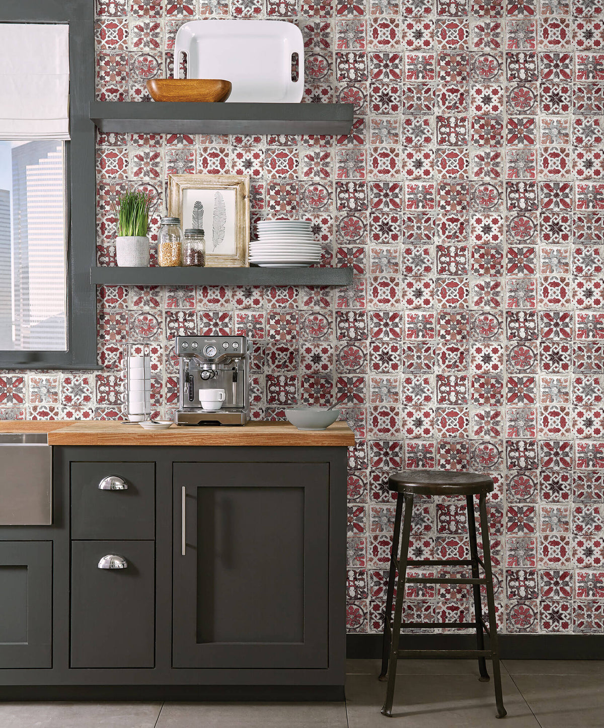 York Encaustic Tile Peel & Stick Wallpaper - Red